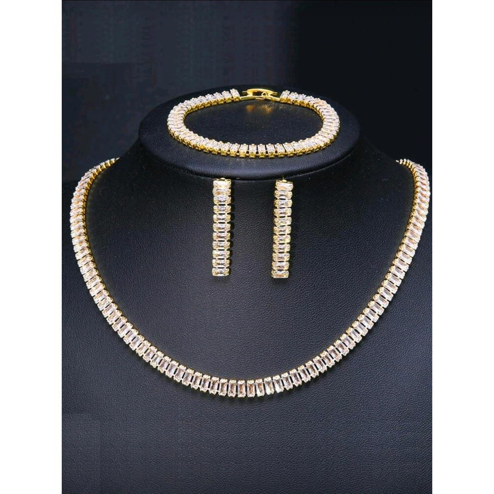 Gold‎ Tone Tennis Necklace Bracelet Earrings Set Baguette CZ Women Jewelry